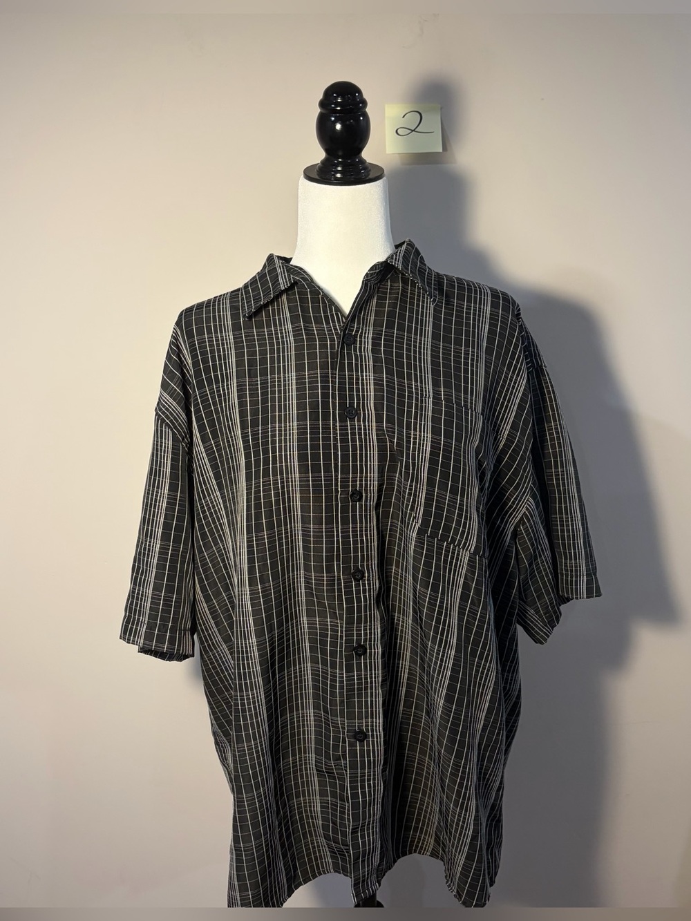 Mens Black Short-Sleeve Windowpane Button-Down Shirt